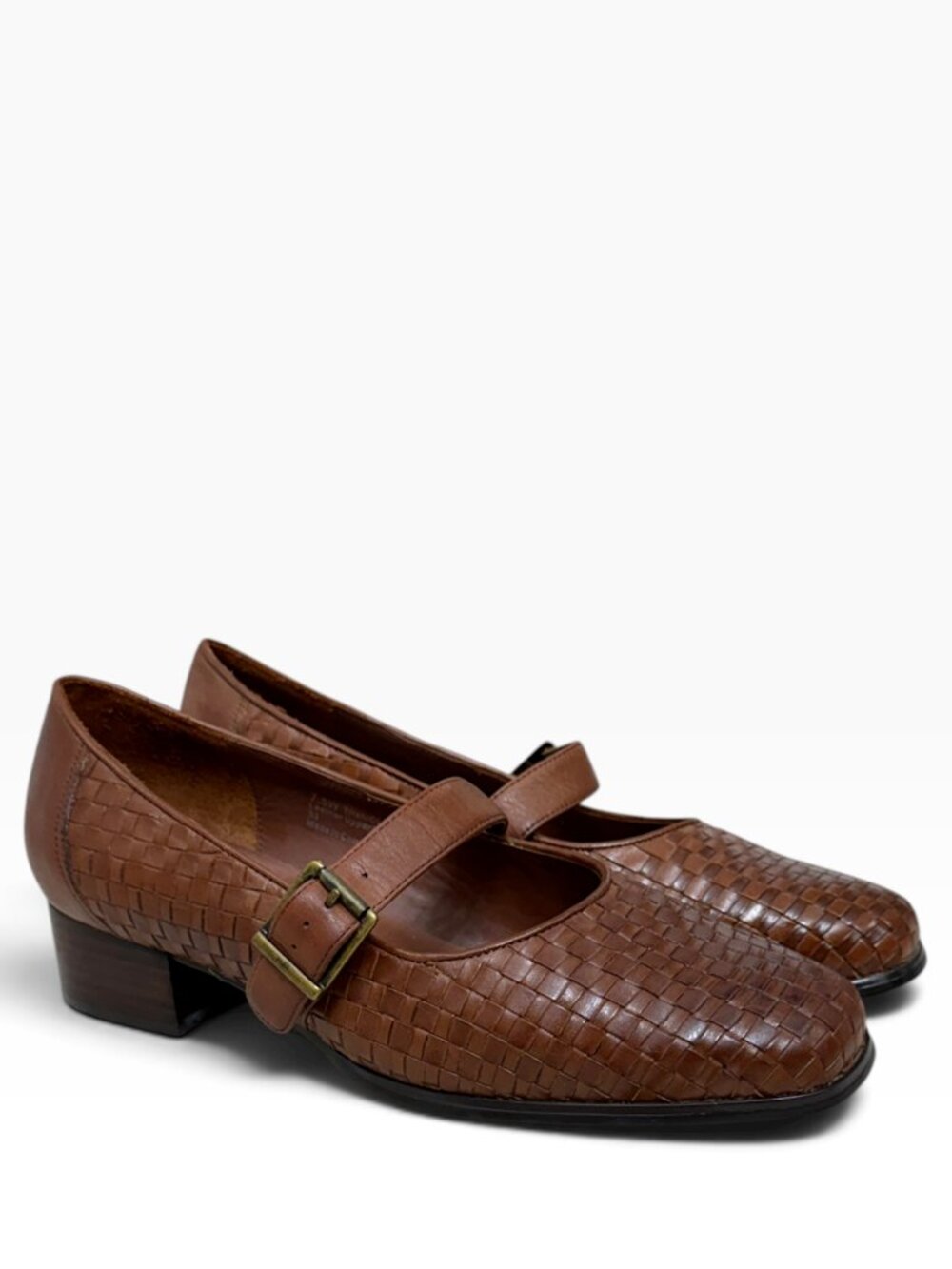 Drew Trish Leather Woven Mary Jane Heels in Cognac Women's Size 7.5 W